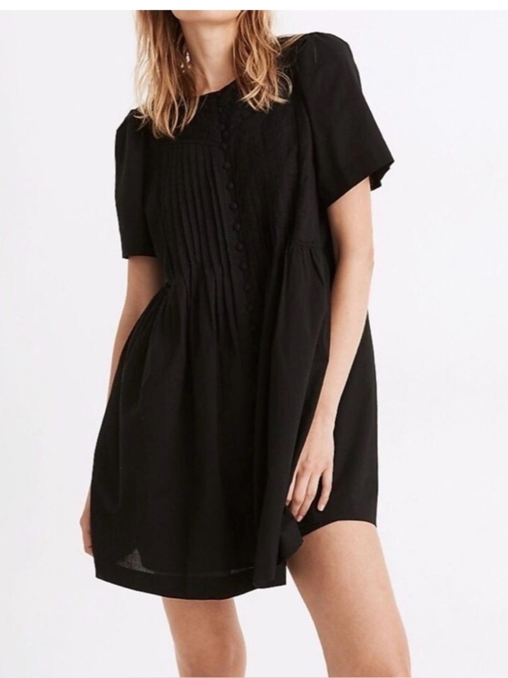Madewell Lace-Trim Pintuck Button-Front Mini Dress in Black Small 100% cotton